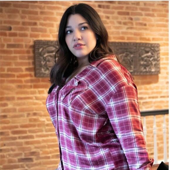 torrid Tops - Amazon women long sleeve button down plaid shirt cut out back plus size curvy 1X